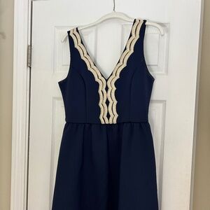 Lily Pulitzer | 'Rorey' Gold Trim + Fit & Flare Dress - size Medium in Navy